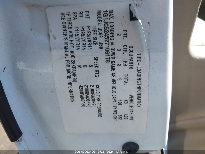 2002 Chevrolet Cavalier Cng VIN: 1G1JC524527106178 Lot: 40003406