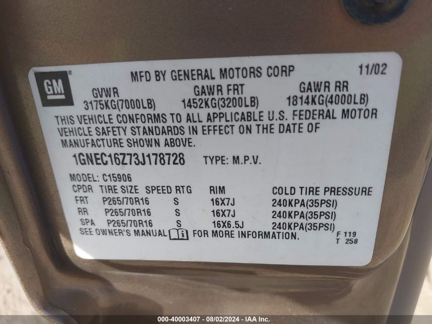 2003 Chevrolet Suburban 1500 Lt VIN: 1GNEC16Z73J178728 Lot: 40003407