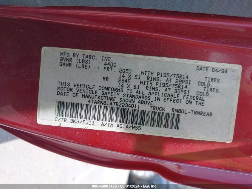 1994 Toyota Pickup 1/2 Ton Short Whlbase Stb VIN: 4TARN81A7RZ234011 Lot: 40003428