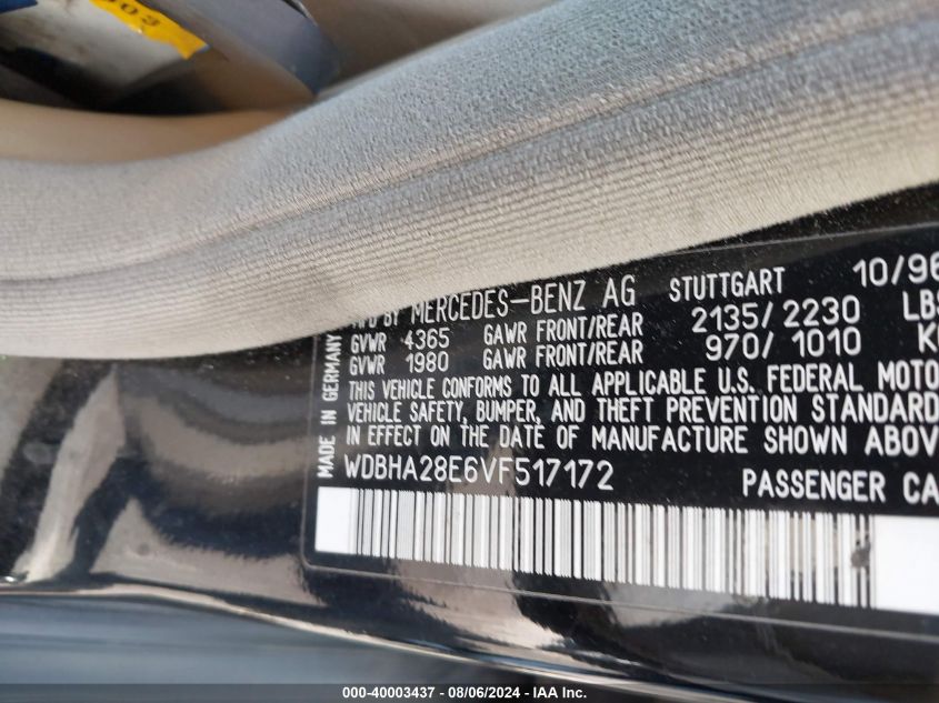 1997 Mercedes-Benz C 280 VIN: WDBHA28E6VF517172 Lot: 40003437