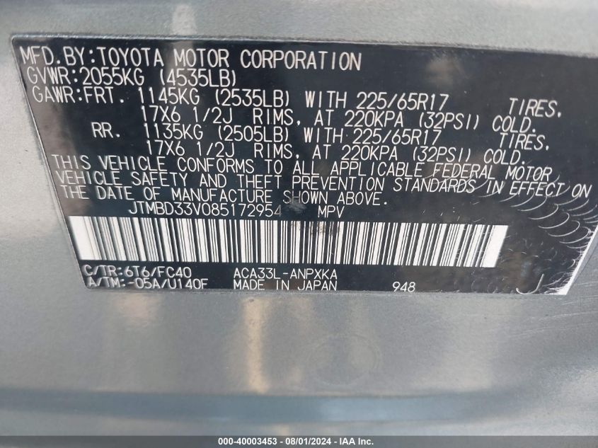 2008 Toyota Rav4 VIN: JTMBD33V085172954 Lot: 40003453