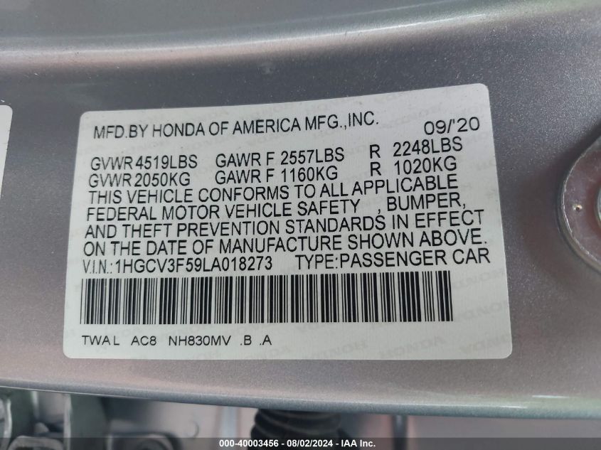 1HGCV3F59LA018273 | 2020 HONDA ACCORD