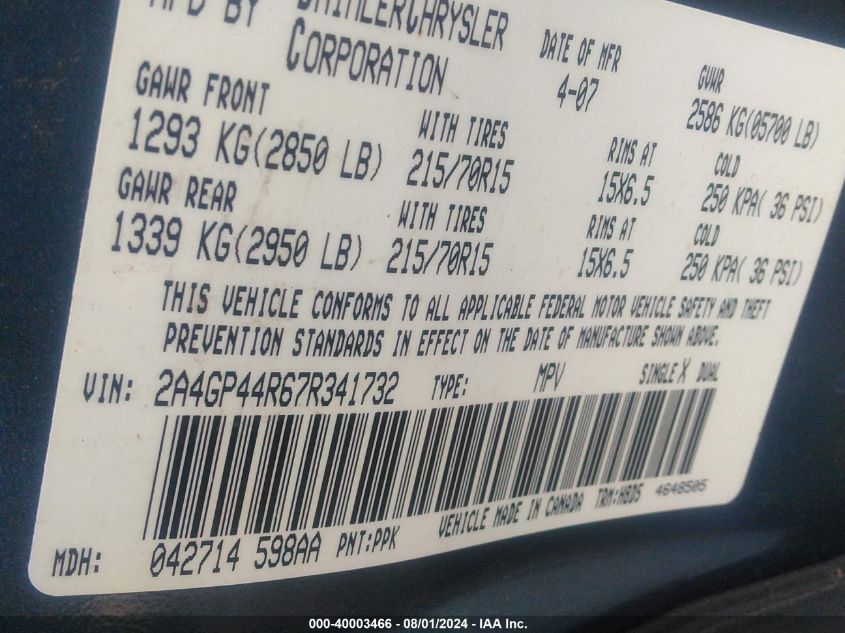 2007 Chrysler Town & Country Lx VIN: 2A4GP44R67R341732 Lot: 40003466