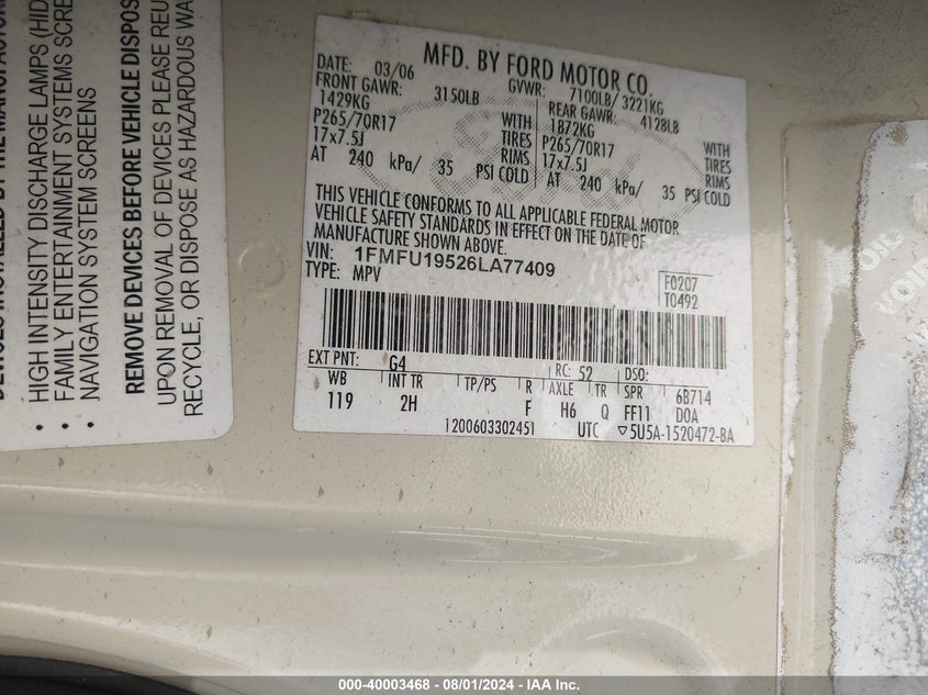 2006 Ford Expedition Limited VIN: 1FMFU19526LA77409 Lot: 40003468