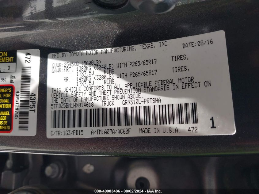2017 Toyota Tacoma Trd Sport VIN: 5TFDZ5BN1HX014618 Lot: 40003486