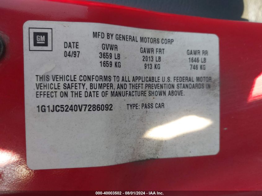 1997 Chevrolet Cavalier VIN: 1G1JC5240V7286092 Lot: 40003502