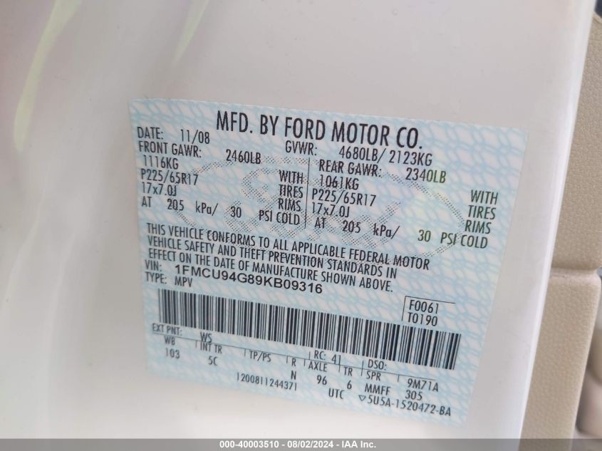 2009 Ford Escape Limited VIN: 1FMCU94G89KB09316 Lot: 40003510