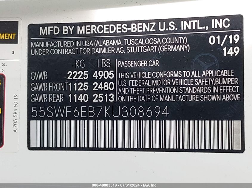 55SWF6EB7KU308694 | 2019 MERCEDES-BENZ AMG C 43