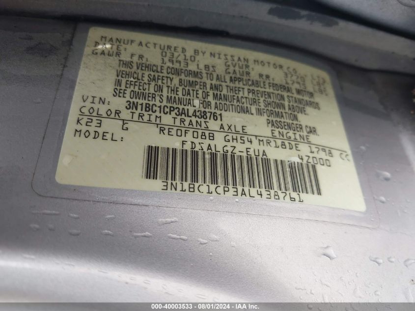 2010 Nissan Versa 1.8Sl VIN: 3N1BC1CP3AL438761 Lot: 40003533