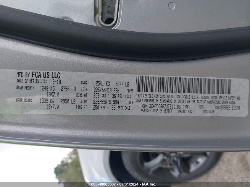 2018 Dodge Journey Crossroad VIN: 3C4PDDGG7JT311183 Lot: 40003537