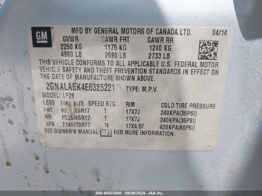 2014 Chevrolet Equinox Ls VIN: 2GNALAEK4E6325221 Lot: 40003540