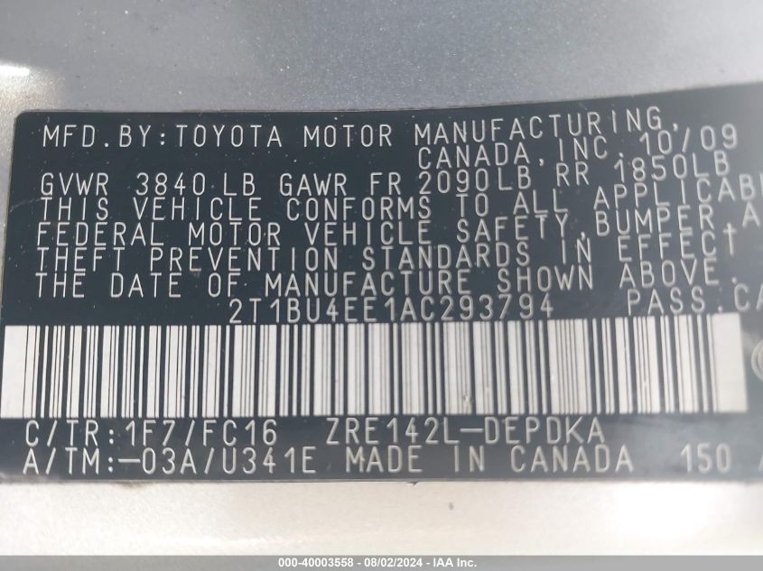 2010 Toyota Corolla S/Le/Xle VIN: 2T1BU4EE1AC293794 Lot: 40003558