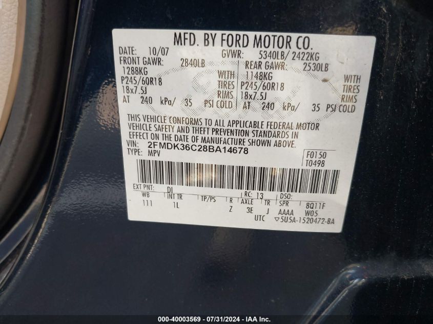 2008 Ford Edge Se VIN: 2FMDK36C28BA14678 Lot: 40003569