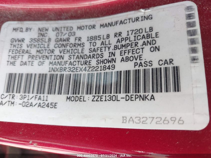 2004 Toyota Corolla Le VIN: 1NXBR32EX4Z221849 Lot: 40003570