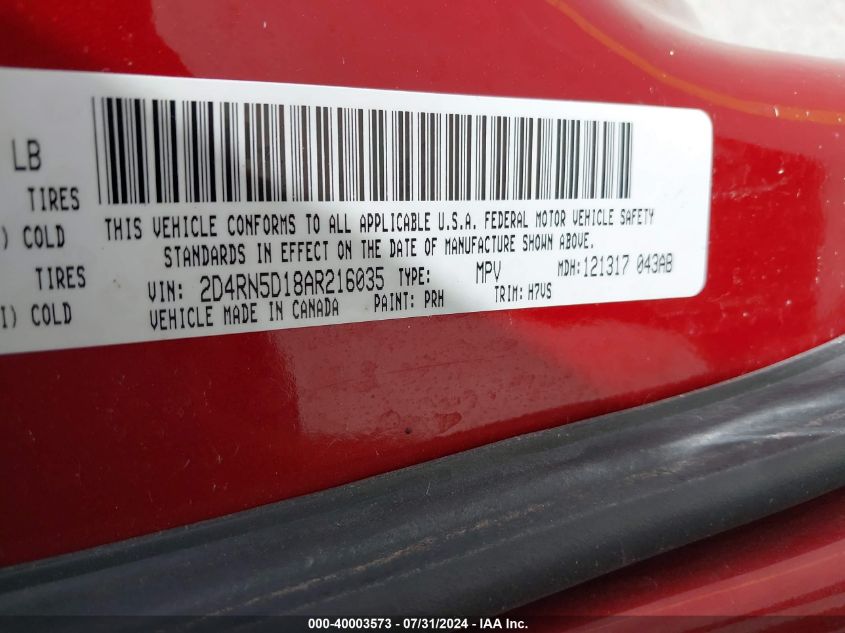 2010 Dodge Grand Caravan Sxt VIN: 2D4RN5D18AR216035 Lot: 40003573