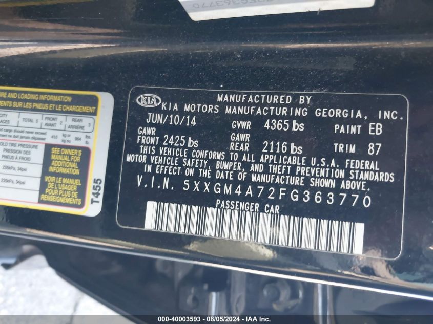 2015 Kia Optima Lx VIN: 5XXGM4A72FG363770 Lot: 40003593