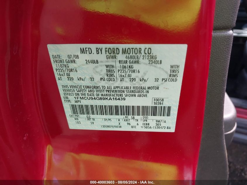 2009 Ford Escape Limited VIN: 1FMCU94G89KA16439 Lot: 40003603