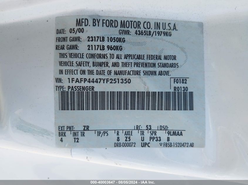 2000 Ford Mustang VIN: 1FAFP4447YF251350 Lot: 40003647