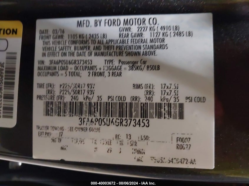 2016 Ford Fusion Energi Titanium VIN: 3FA6P0SU6GR373453 Lot: 40003672