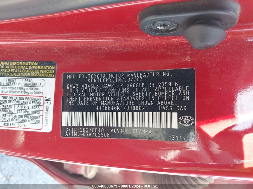 2007 Toyota Camry Le VIN: 4T1BE46K17U188021 Lot: 40003679