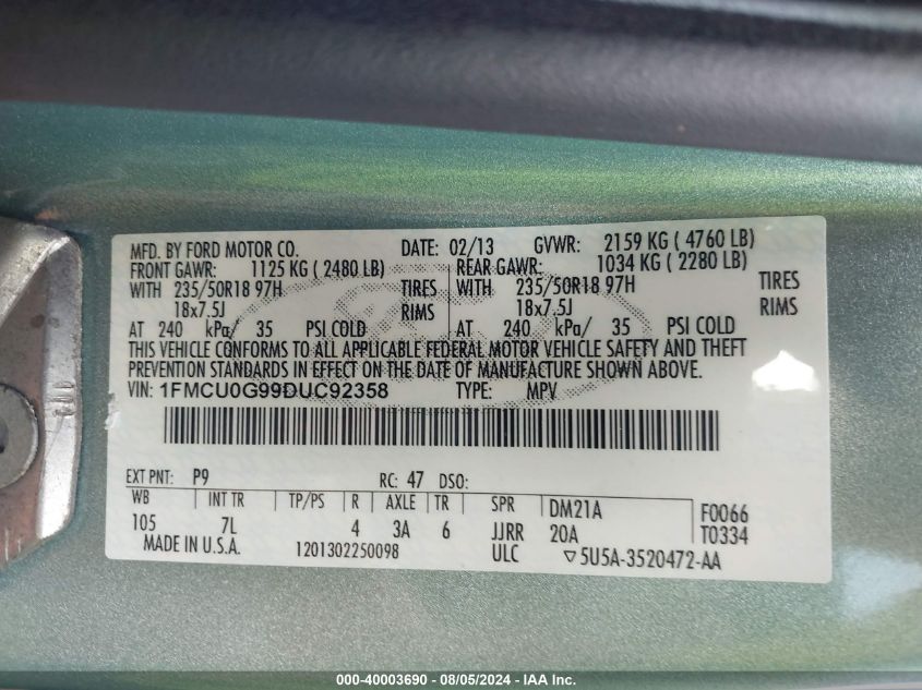 2013 Ford Escape Se VIN: 1FMCU0G99DUC92358 Lot: 40003690