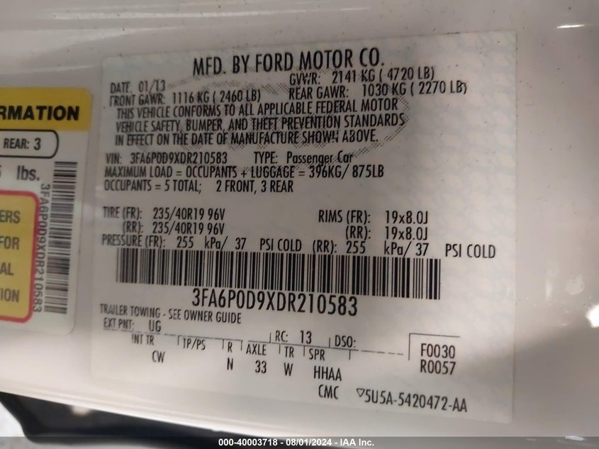 2013 Ford Fusion Titanium VIN: 3FA6P0D9XDR210583 Lot: 40003718