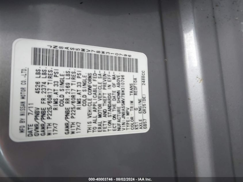 2011 Nissan Rogue S/Sv/Krom VIN: JN8AS5MV7BW310796 Lot: 40003746