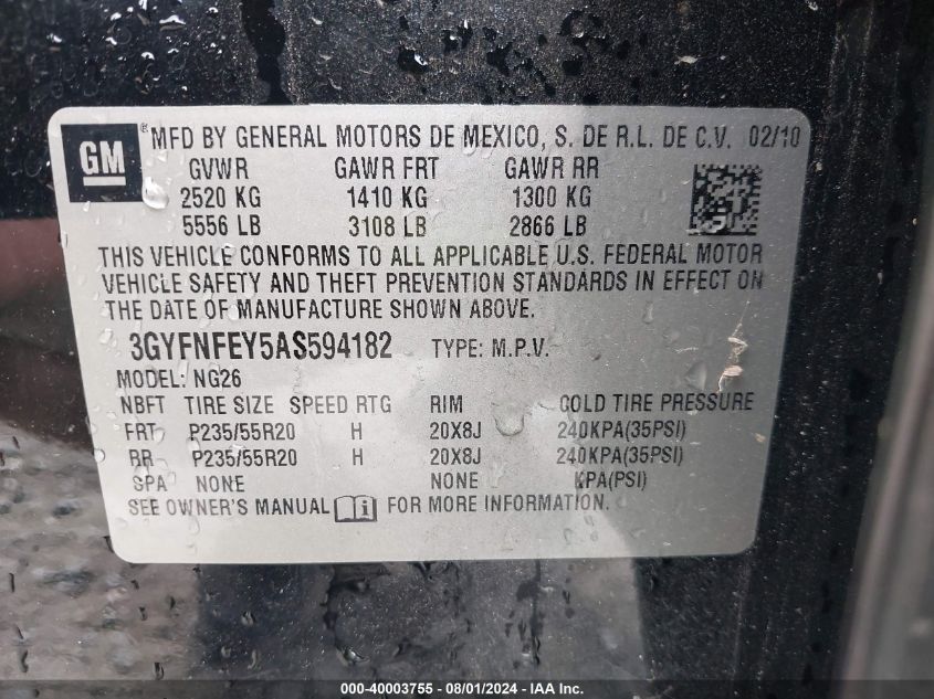 2010 Cadillac Srx Premium Collection VIN: 3GYFNFEY5AS594182 Lot: 40003755