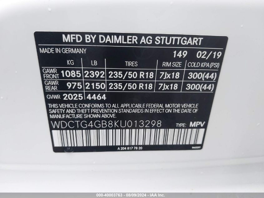 2019 MERCEDES-BENZ GLA 250 4MATIC - WDCTG4GB8KU013298