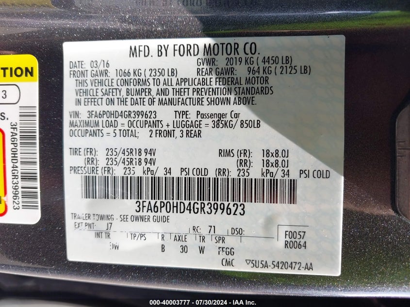 2016 Ford Fusion Se VIN: 3FA6P0HD4GR399623 Lot: 40003777