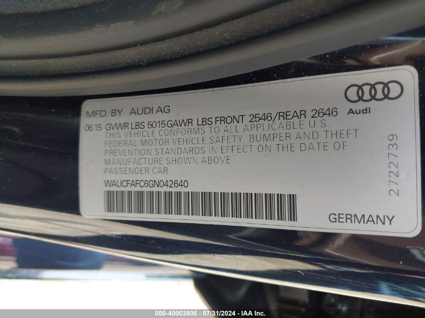 2016 Audi A6 2.0T Premium VIN: WAUCFAFC6GN042640 Lot: 40003805