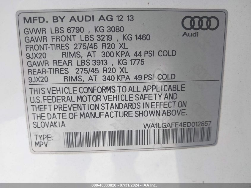 2014 Audi Q7 3.0T Premium VIN: WA1LGAFE4ED012857 Lot: 40003820