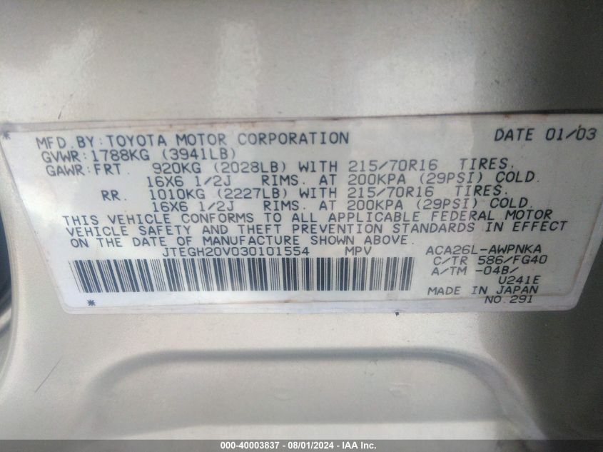 2003 Toyota Rav4 VIN: JTEGH20V030101554 Lot: 40003837