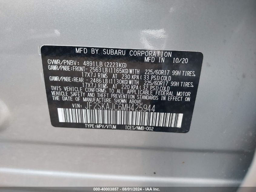 2021 Subaru Forester Premium VIN: JF2SKAJC6MH425944 Lot: 40003857
