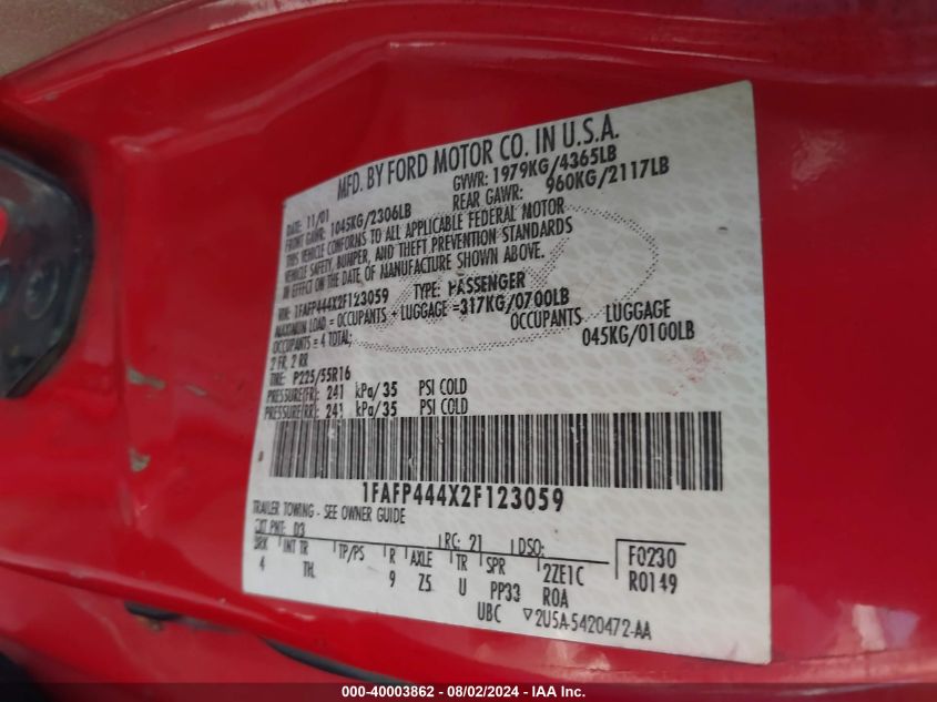 2002 Ford Mustang VIN: 1FAFP444X2F123059 Lot: 40003862