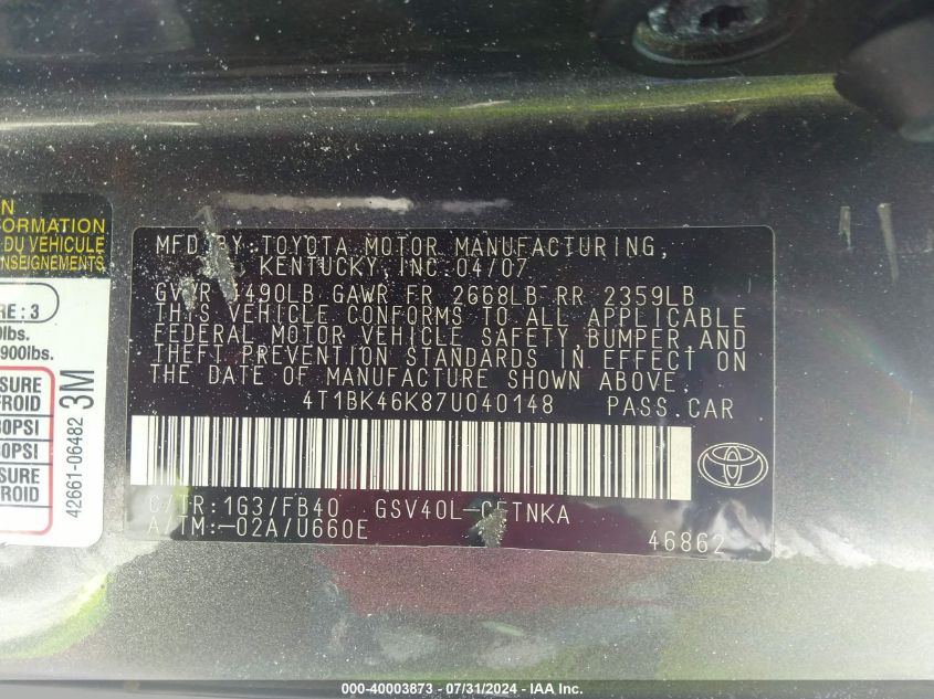2007 Toyota Camry Le V6 VIN: 4T1BK46K87U040148 Lot: 40003873