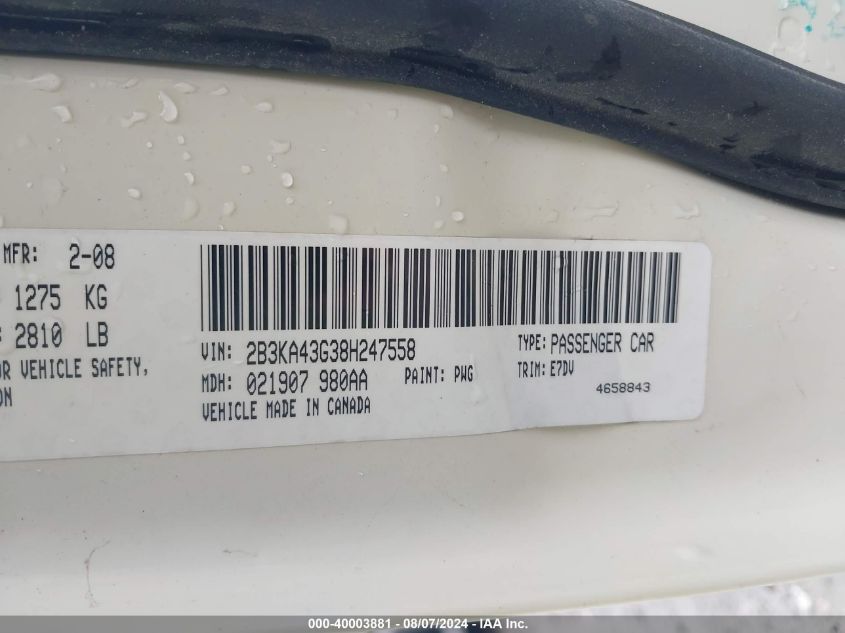 2008 Dodge Charger VIN: 2B3KA43G38H247558 Lot: 40003881