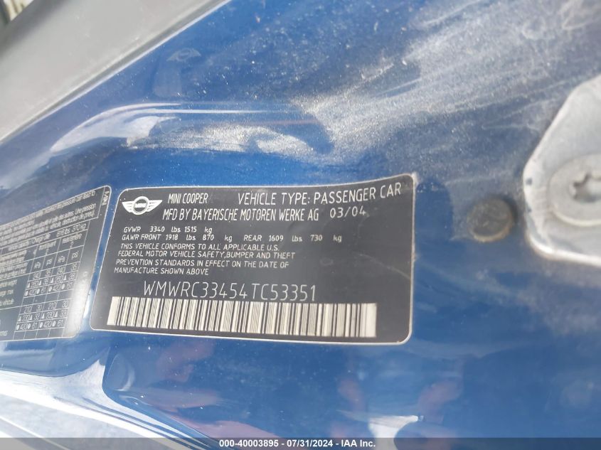 2004 Mini Cooper VIN: WMWRC33454TC53351 Lot: 40003895