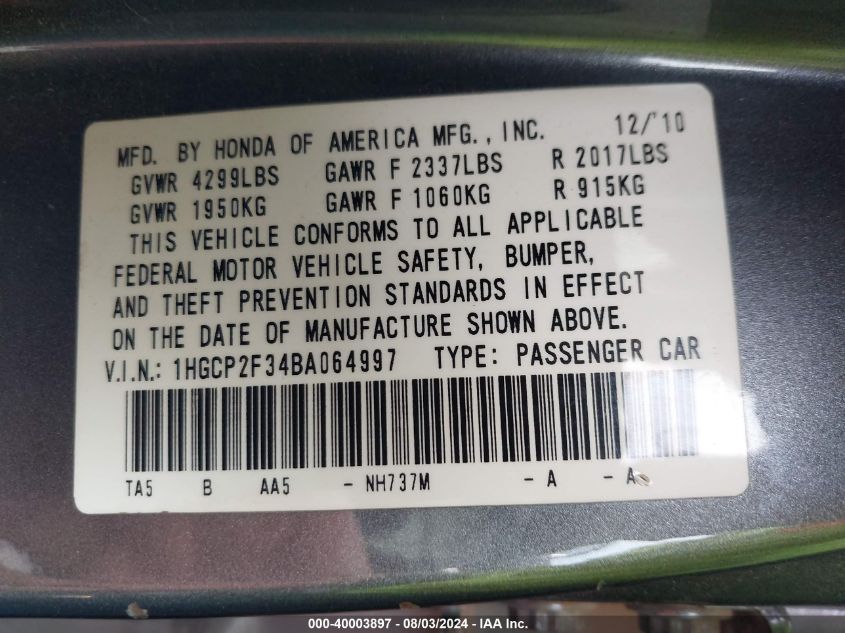 1HGCP2F34BA064997 2011 Honda Accord 2.4 Lx