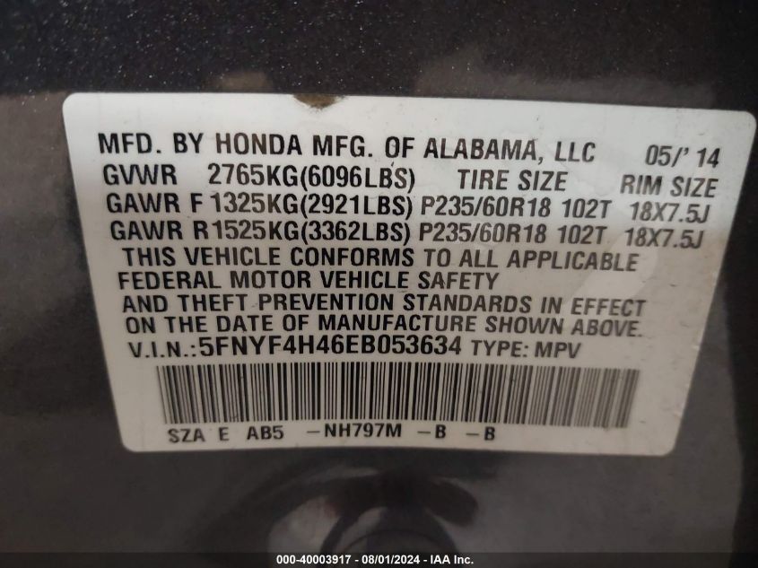 2014 Honda Pilot Ex VIN: 5FNYF4H46EB053634 Lot: 40003917