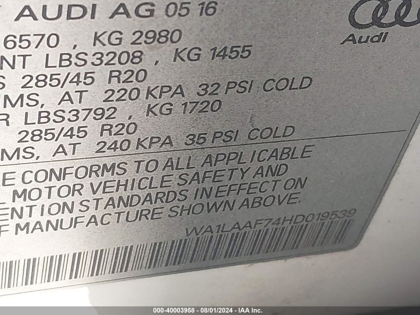 2017 Audi Q7 Premium Plus VIN: WA1LAAF74HD019539 Lot: 40003958