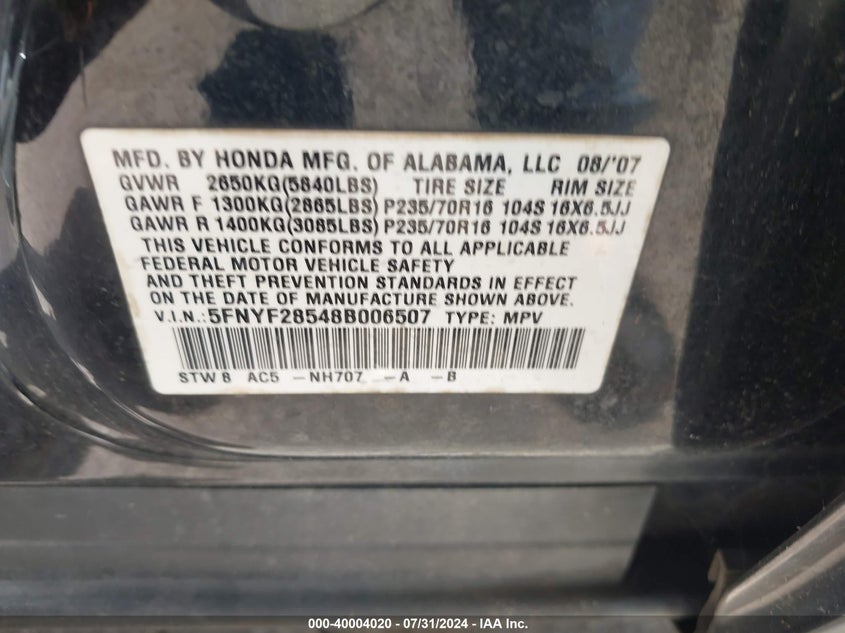 2008 Honda Pilot Ex-L VIN: 5FNYF28548B006507 Lot: 40004020