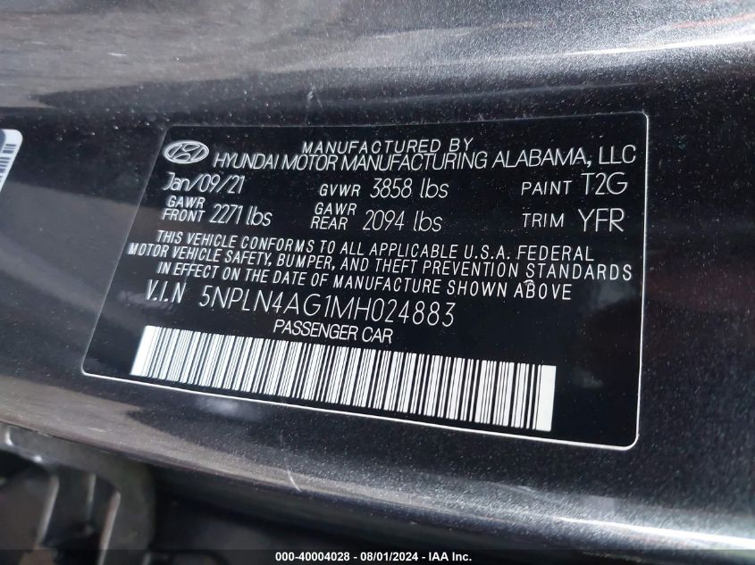 5NPLN4AG1MH024883 2021 Hyundai Elantra Sel