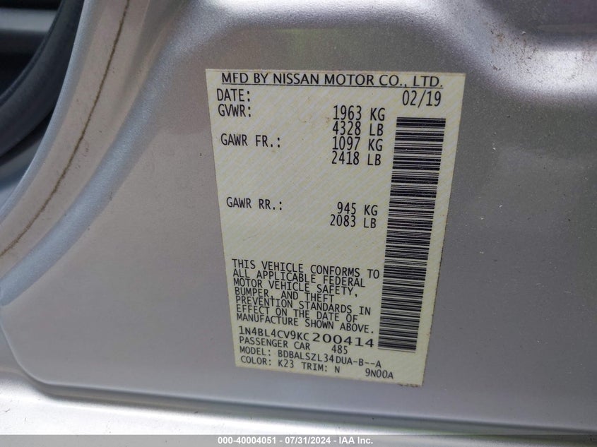 1N4BL4CV9KC200414 2019 Nissan Altima 2.5 Sr