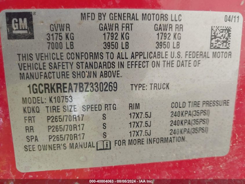 2011 Chevrolet Silverado 1500 Ls VIN: 1GCRKREA7BZ330269 Lot: 40004063