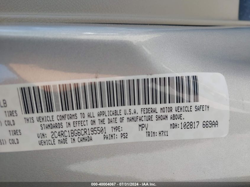 2012 Chrysler Town & Country Touring VIN: 2C4RC1BG6CR195501 Lot: 40004067