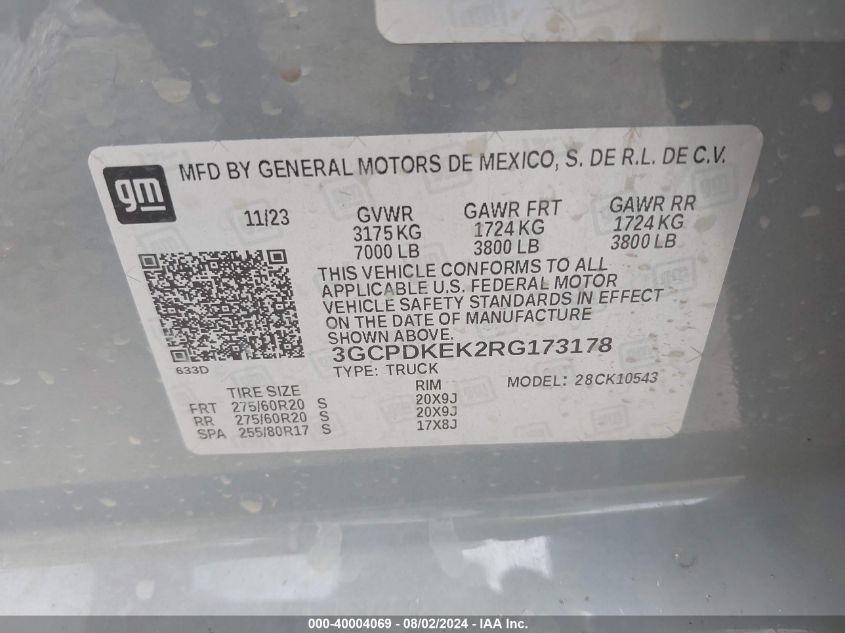 3GCPDKEK2RG173178 2024 Chevrolet Silverado 1500 4Wd Short Bed Lt With 2Fl