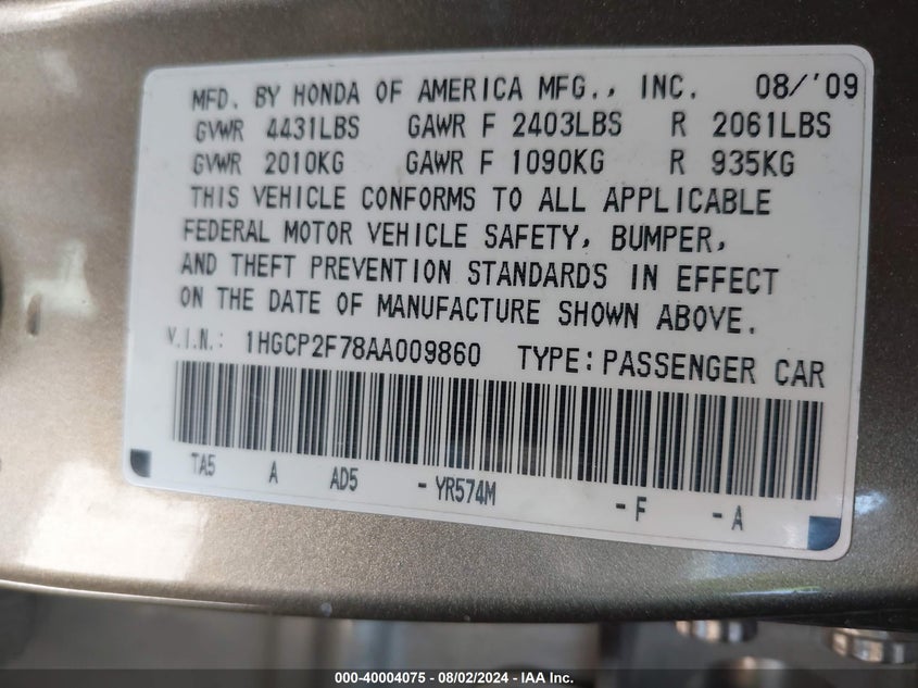 2010 Honda Accord 2.4 Ex VIN: 1HGCP2F78AA009860 Lot: 40004075