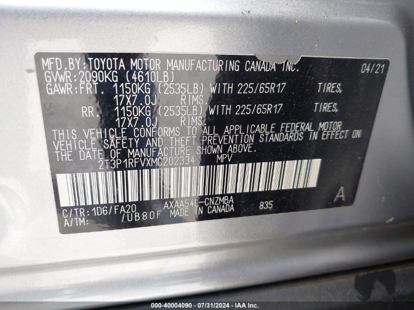 VIN 2T3P1RFVXMC202334 2021 TOYOTA RAV4 no.9