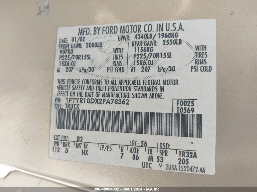 2002 Ford Ranger Xl/Xlt VIN: 1FTYR10DX2PA78362 Lot: 40004092